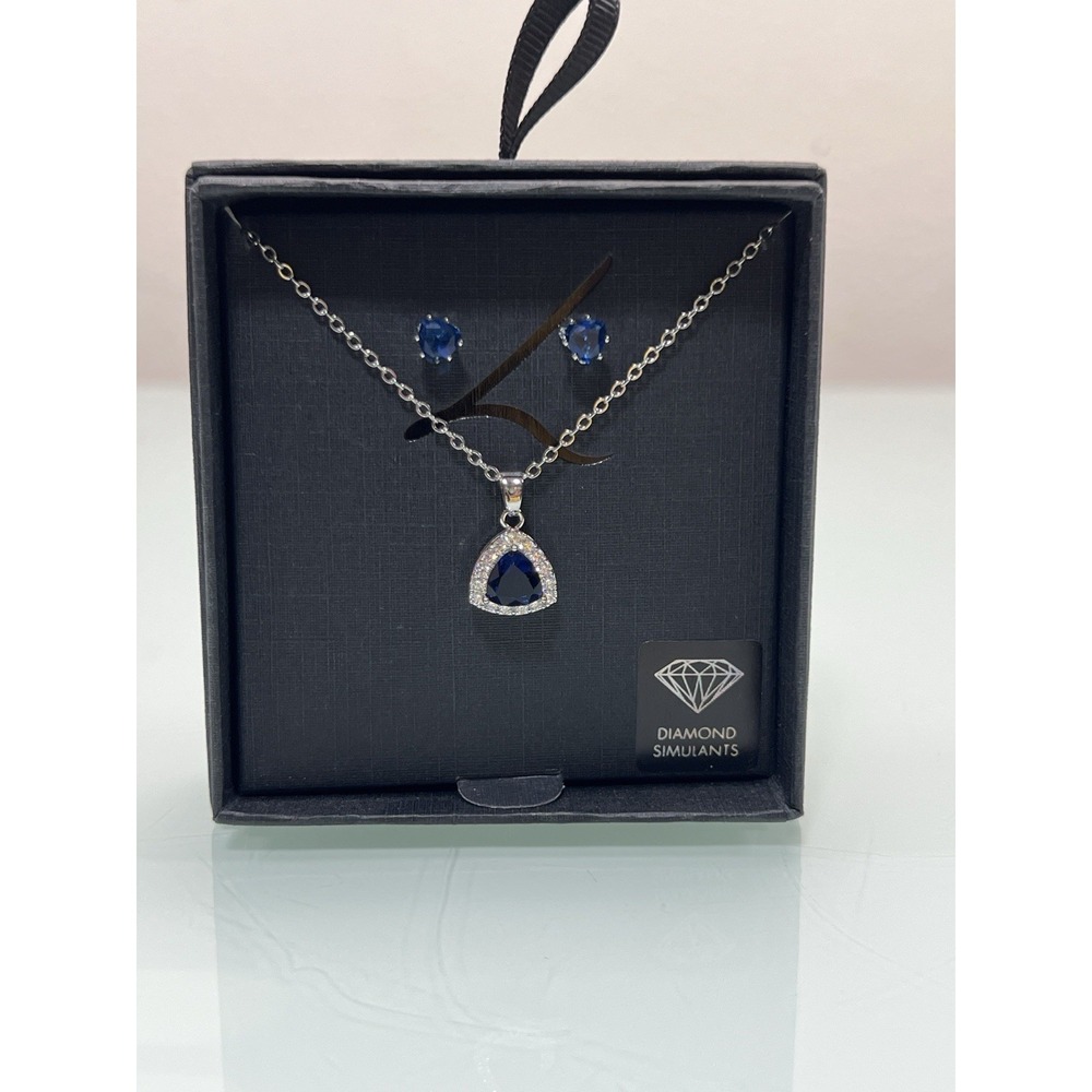 Diamond Simulant Jewelry Set Blue Sapphire Look‎ Necklace Earrings New